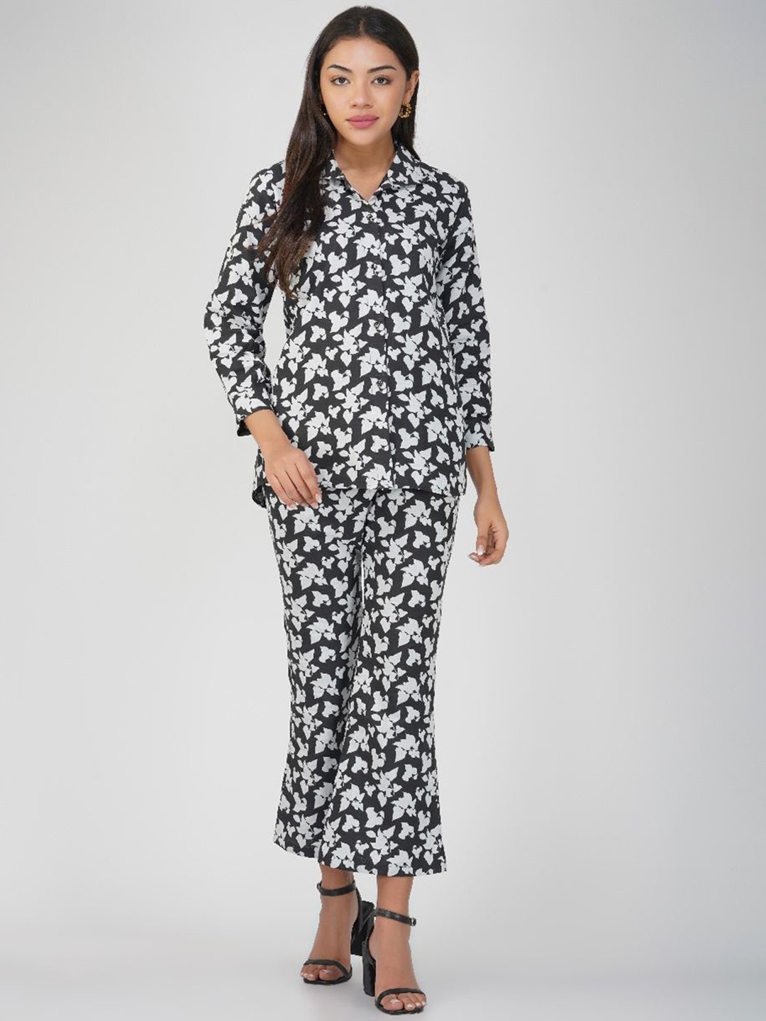 

THE VASILIKI Printed Pure Cotton Shirt With Trousers, Black