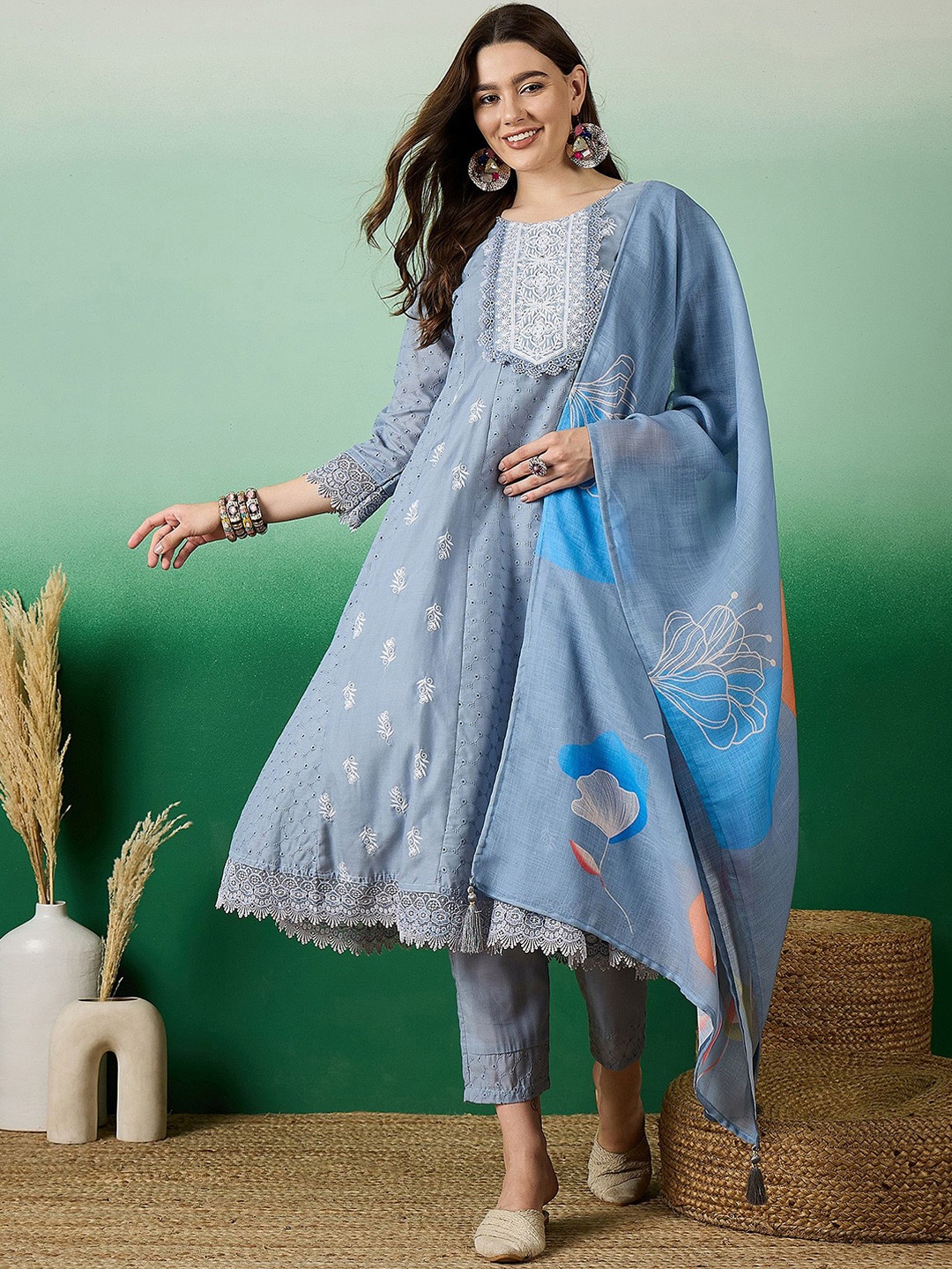 

Sangria Embroidered Pure Cotton Kurta Set With Dupatta, Blue