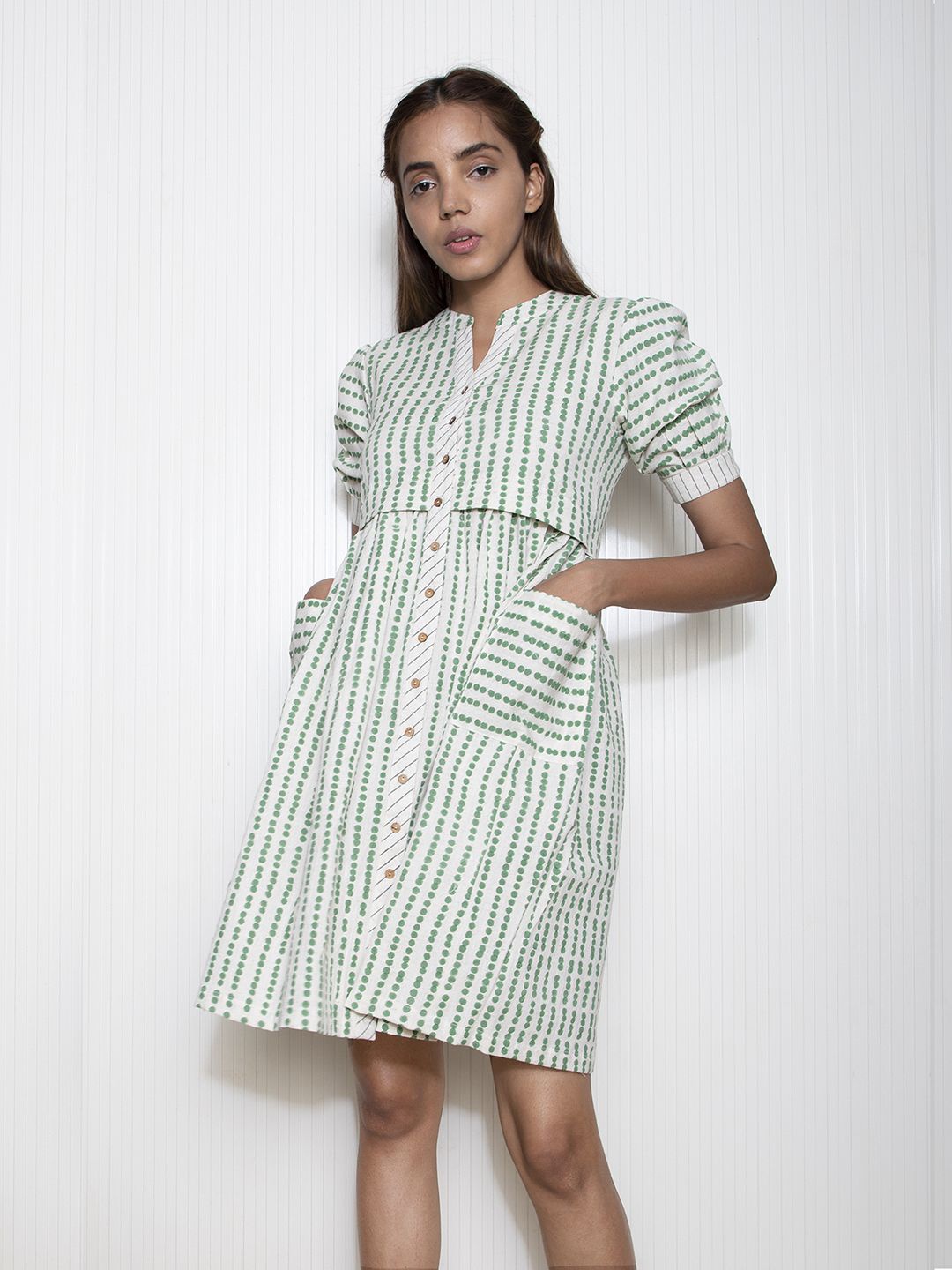 

The Yellow Bow Striped Cotton Puff Sleeves Shirt Dress, Green