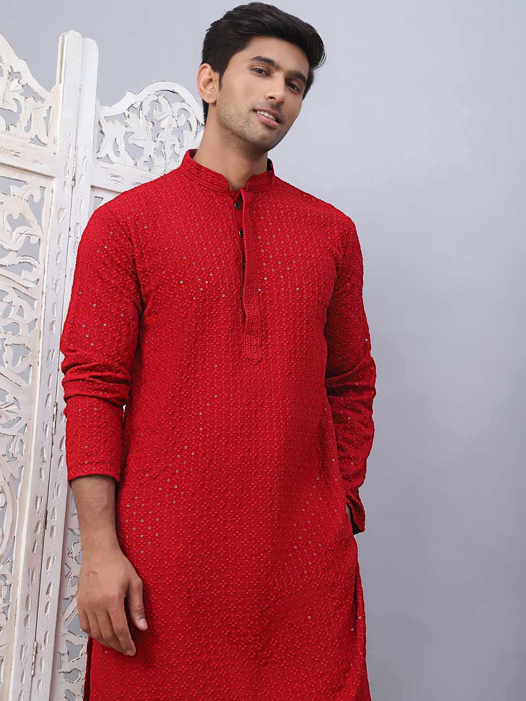 

Anouk Maroon Floral Embroidered Mandarin Collar Sequinned Cotton Straight Kurta & Pyjama