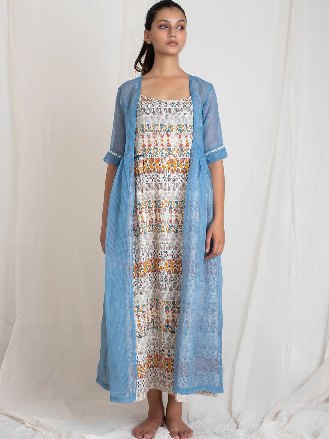 

The Yellow Bow Women Ethnic Motifs Printed Cotton Maxi Dress With Shurgs, Off white