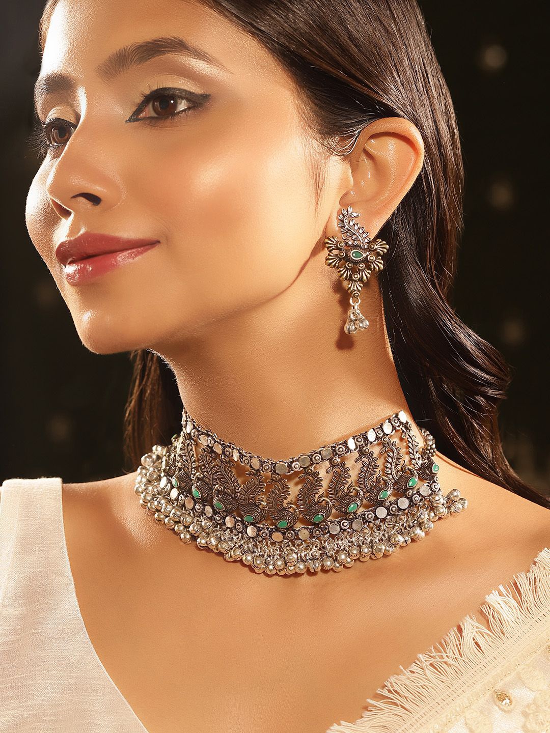 

Priyaasi Silver-Plated Oxidized Mint Stone Studded Jewellery Set