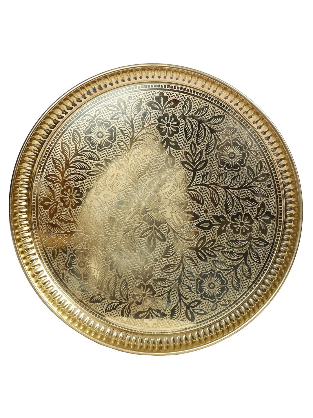 

Exotic India Gold-Toned Round Brass Engraved Pooja Plate