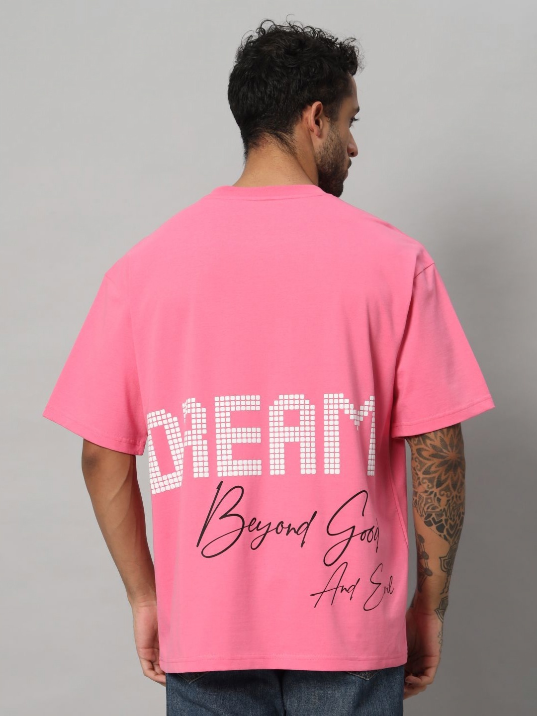 

SWAGNOX Men Typography Printed Round Neck Cotton Oversized T-shirt, Pink