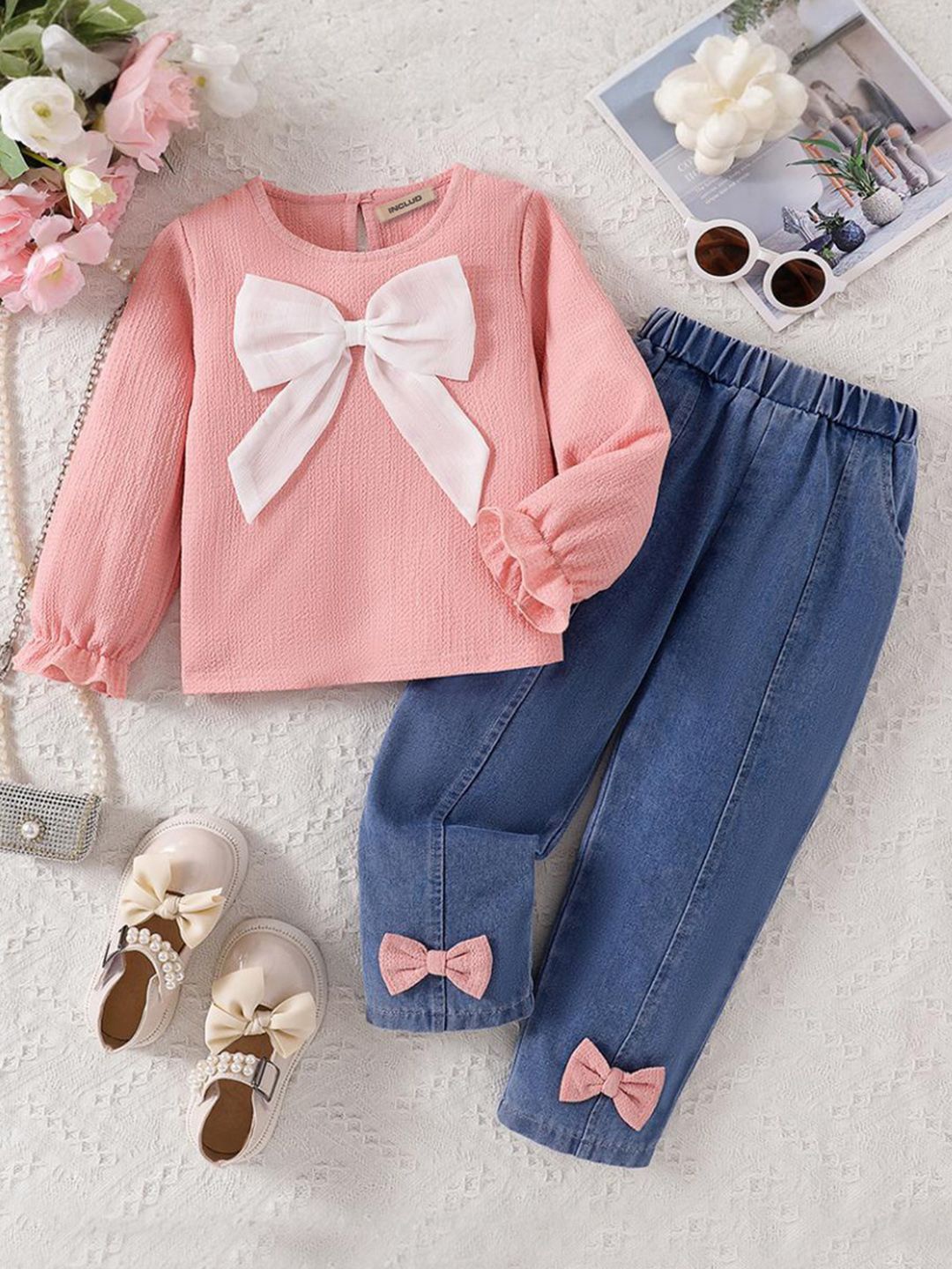 

INCLUD Girls Applique Top with Denim Trousers, Pink