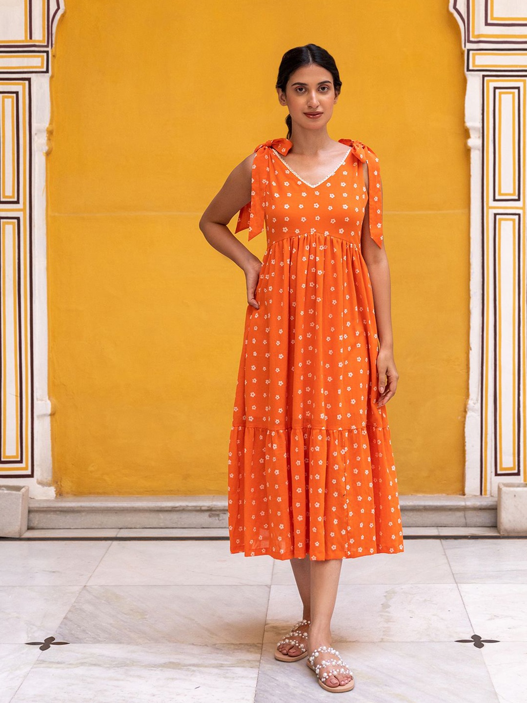 

The Yellow Bow Floral Printed Empire Midi Dress, Orange