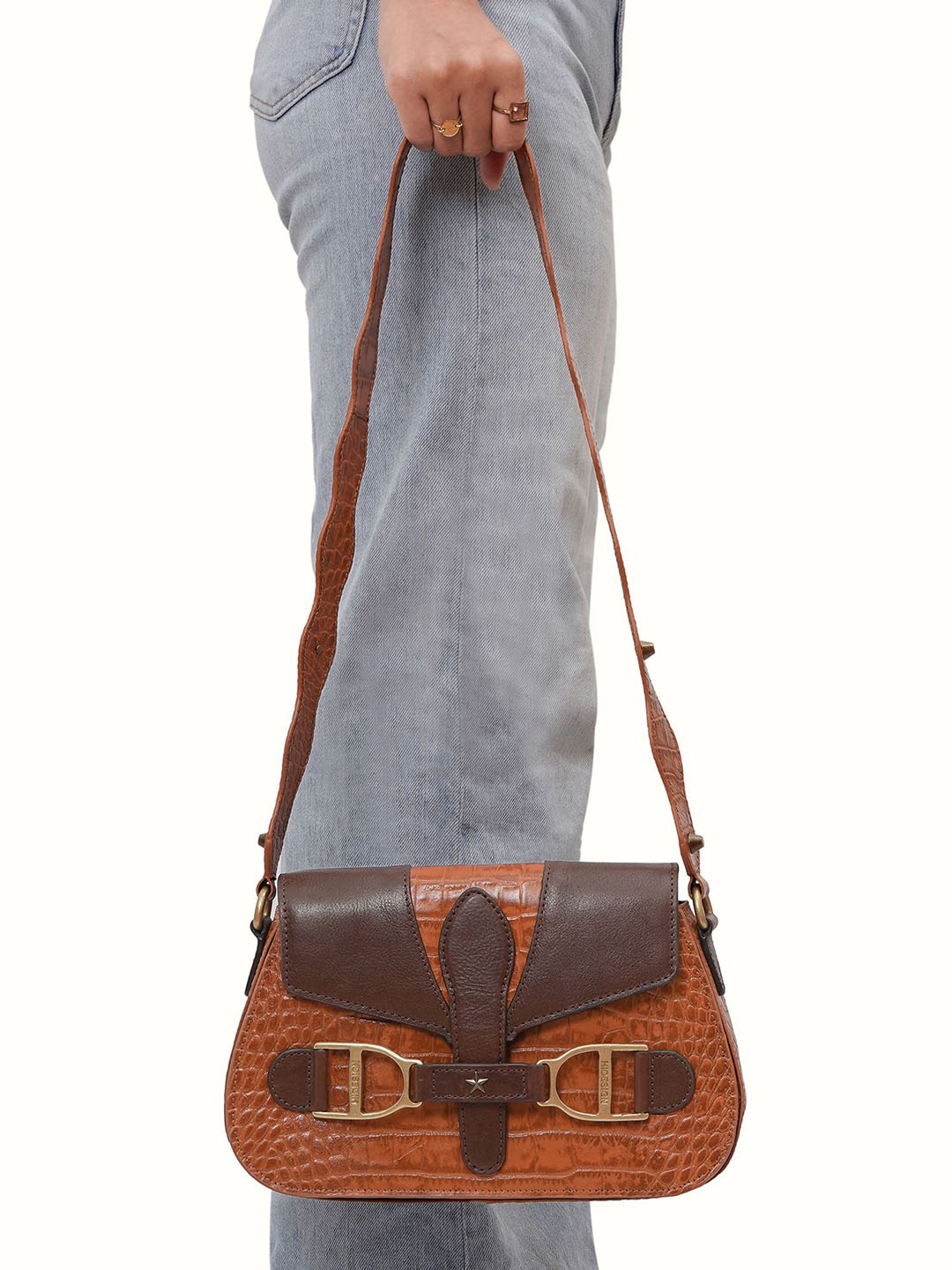 

Hidesign Leather Structured Sling Bag with Cut Work, Tan