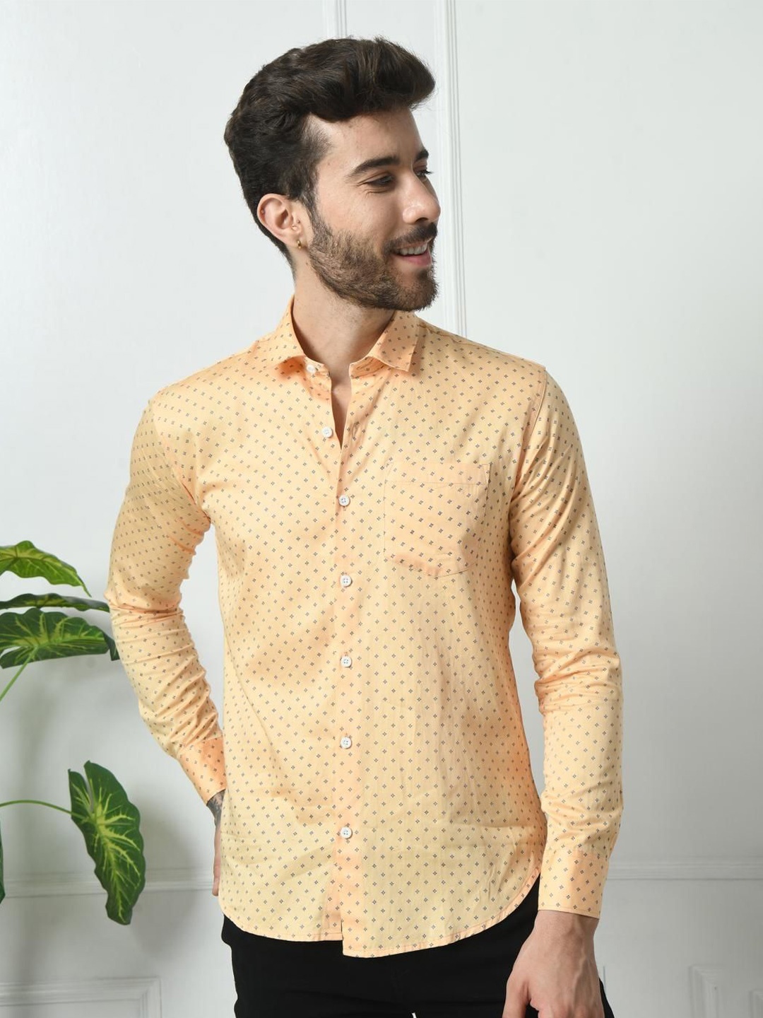 

PEBCO Men Classic Spread Collar Micro Ditsy Printed Cotton Slim Fit Casual Shirt, Yellow