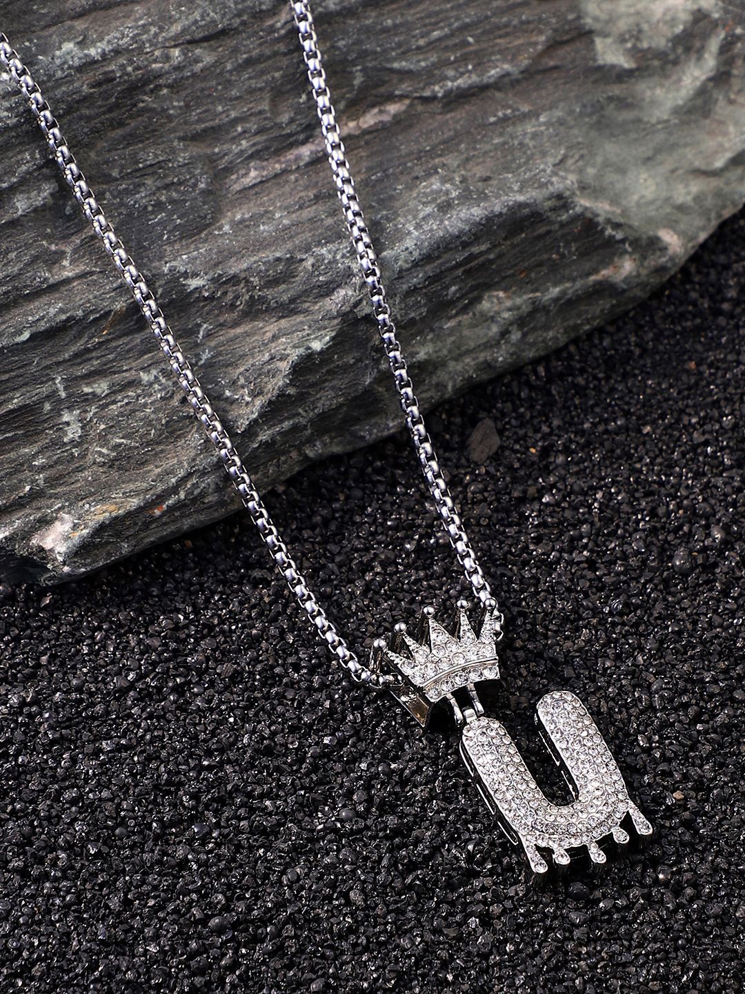 

French Accent Men Silver Plated Stones Studded Drip Alphabet U Pendant Comes With Chain