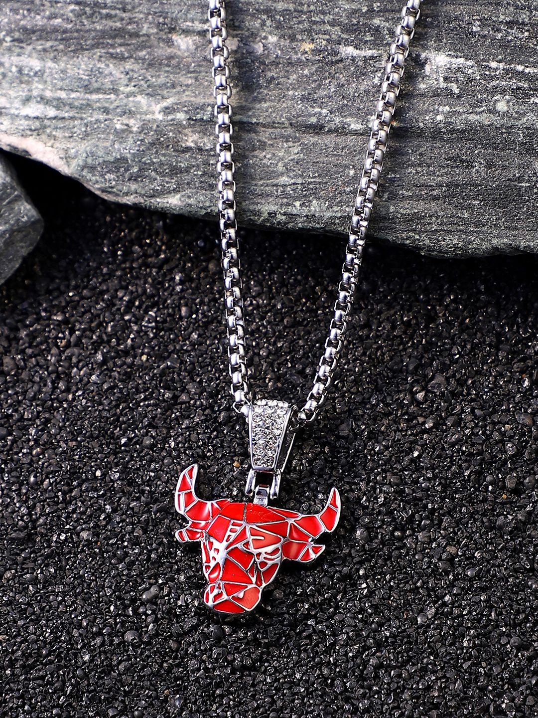 

French Accent Men Silver-Plated Contemporary Bull Pendant With Chain, Red