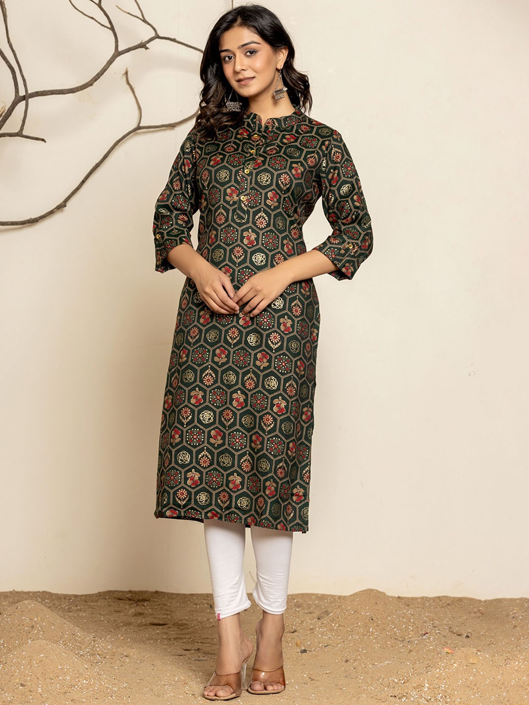 

Rouhab Geometric Printed Straight Kurta, Green