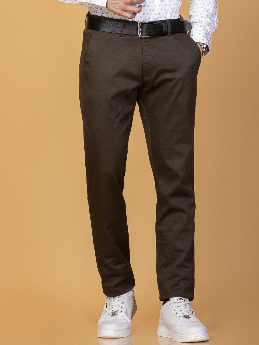 

Monterrey SF Men Checked Smart Slim Fit Easy Wash Trousers, Olive