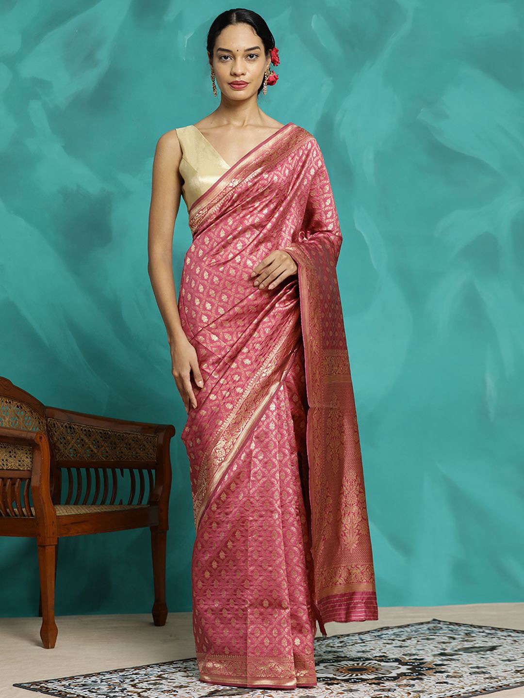 

Jaipur Kurti Zari Woven Design Heavy Banarasi Saree, Pink