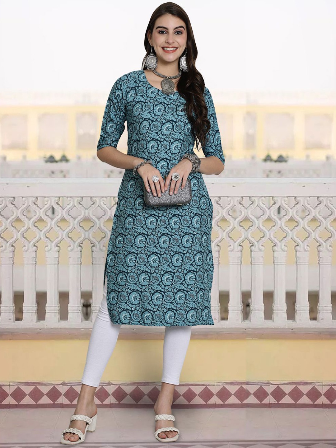 

7Threads Floral Printed Round Neck Crepe Straight Kurta, Teal