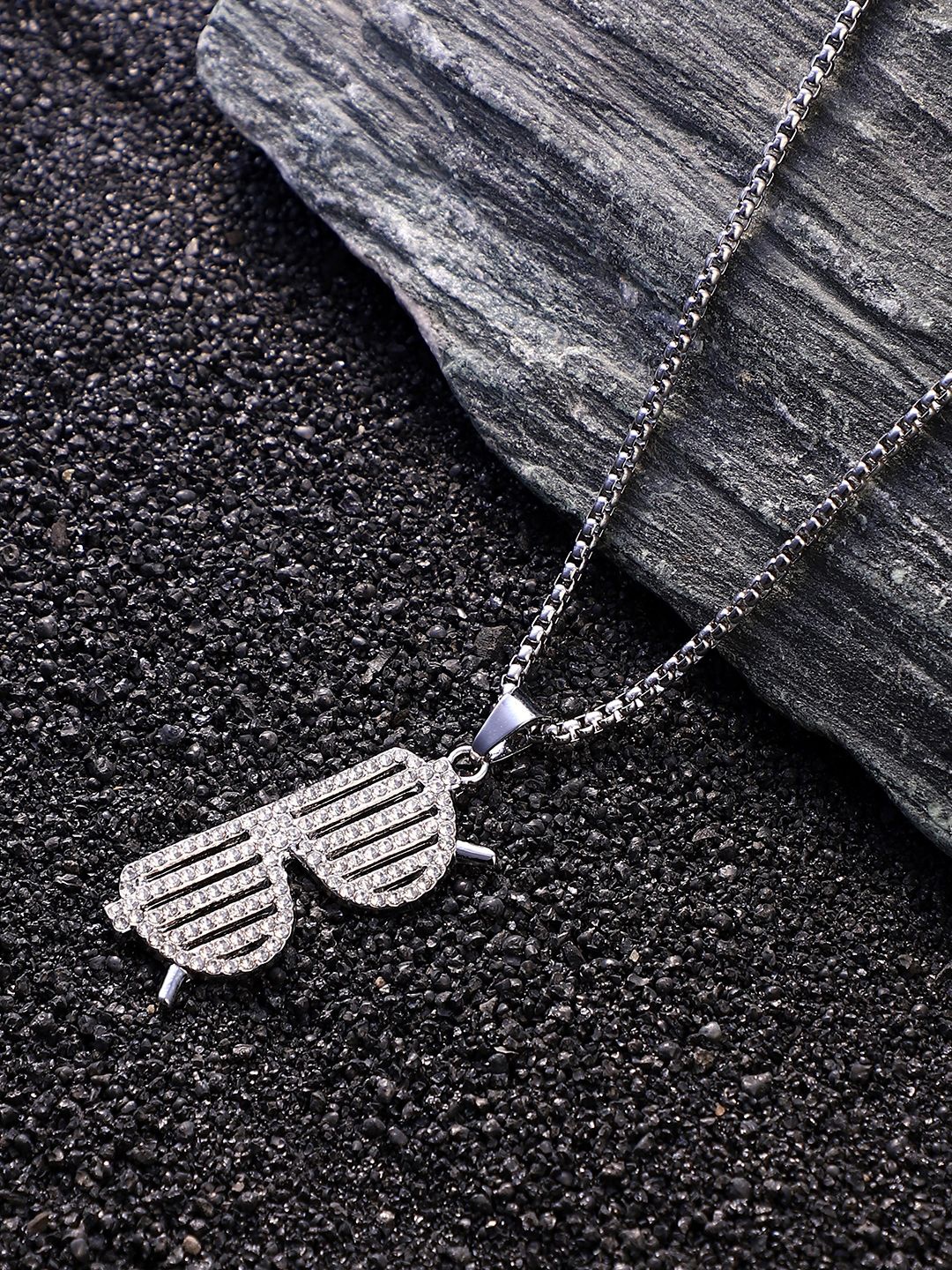 

French Accent Men Silver-Plated Stone Studded Shades Pendant With Chain