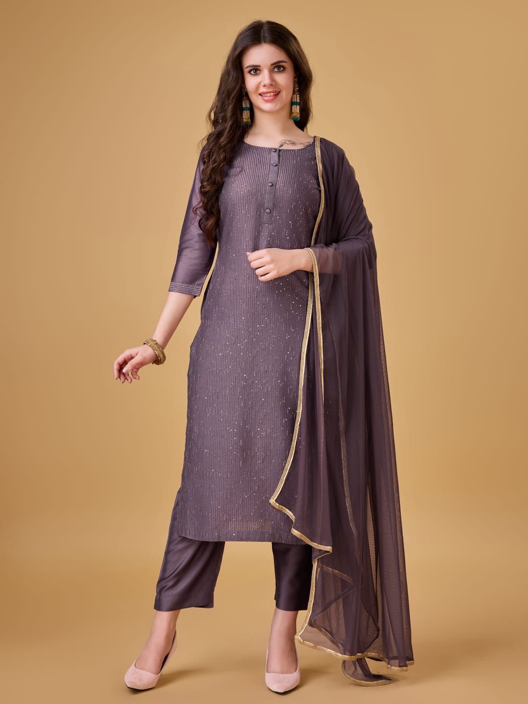

Suha Women Striped Regular Sequinned Kurta with Trousers & With Dupatta, Purple
