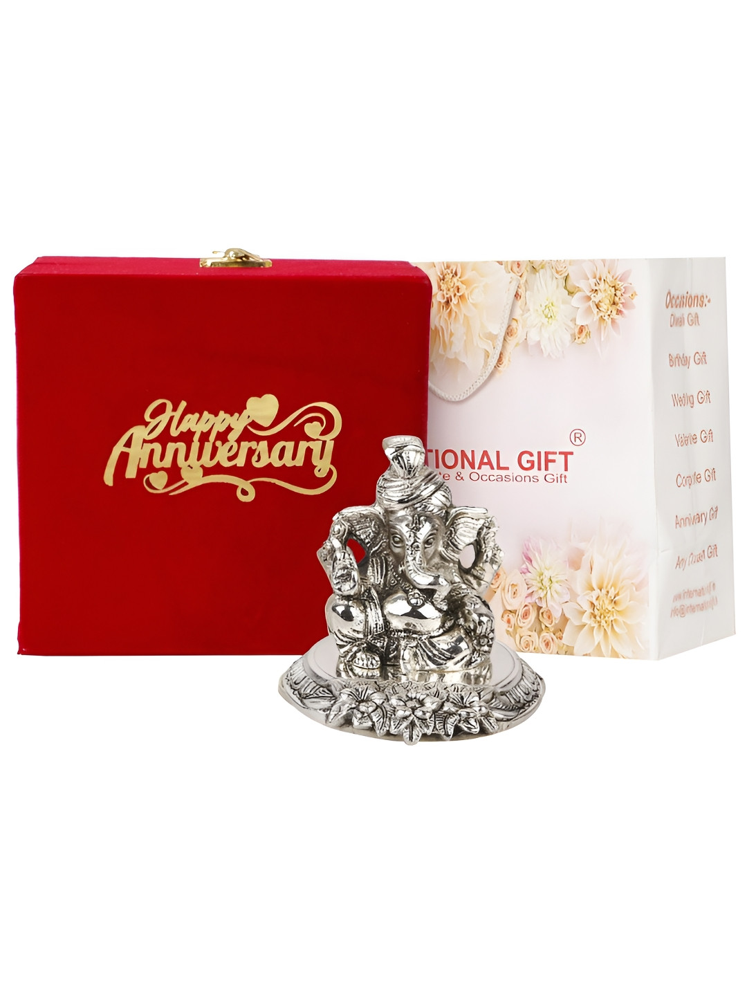 

INTERNATIONAL GIFT Silvertoned & Red Religious Pagdi Ganesh Idol Showpiece With Velvet Box, Silver
