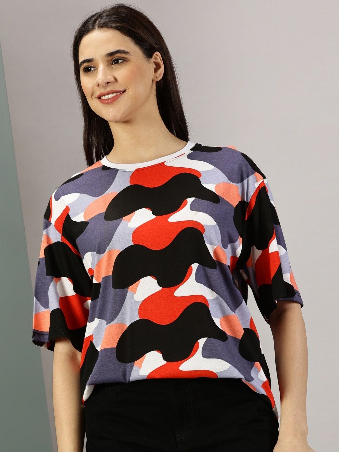 

Rodzen Women Abstract Printed Round Neck Cotton Oversized T-Shirt, Grey