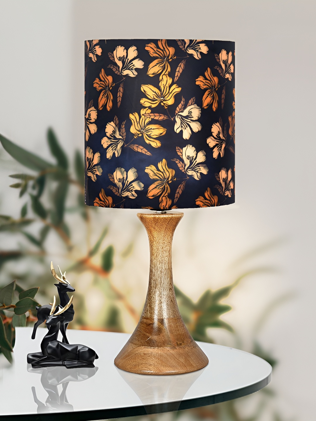 

Homesake Black Printed Wood Traditional Cylindrical Shaped Table Lamp with Bulb