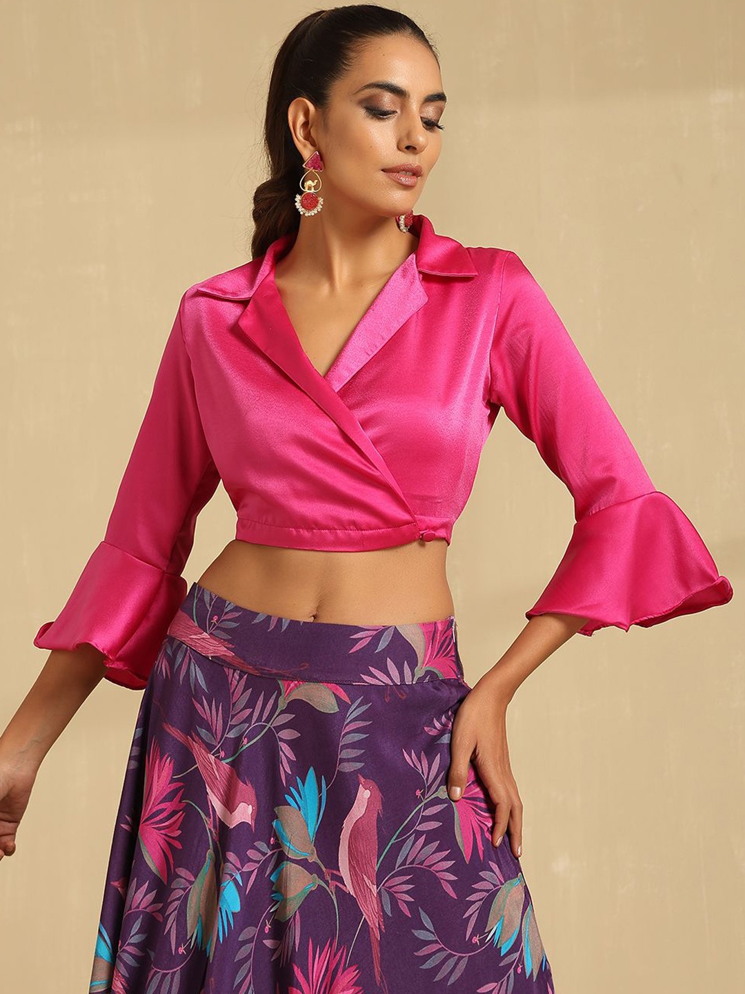 

indy Raaga Bell Sleeve Sheer Wrap Crop Top, Pink