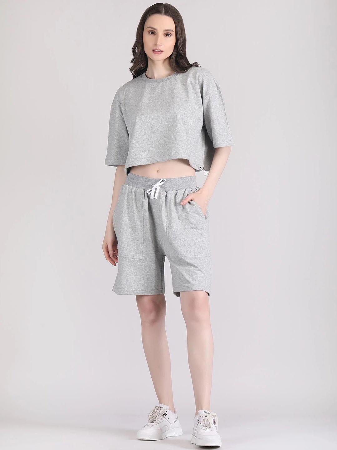 

Raxedo Round Neck Short Sleeve Crop Top & Shorts Co-Ords, Grey