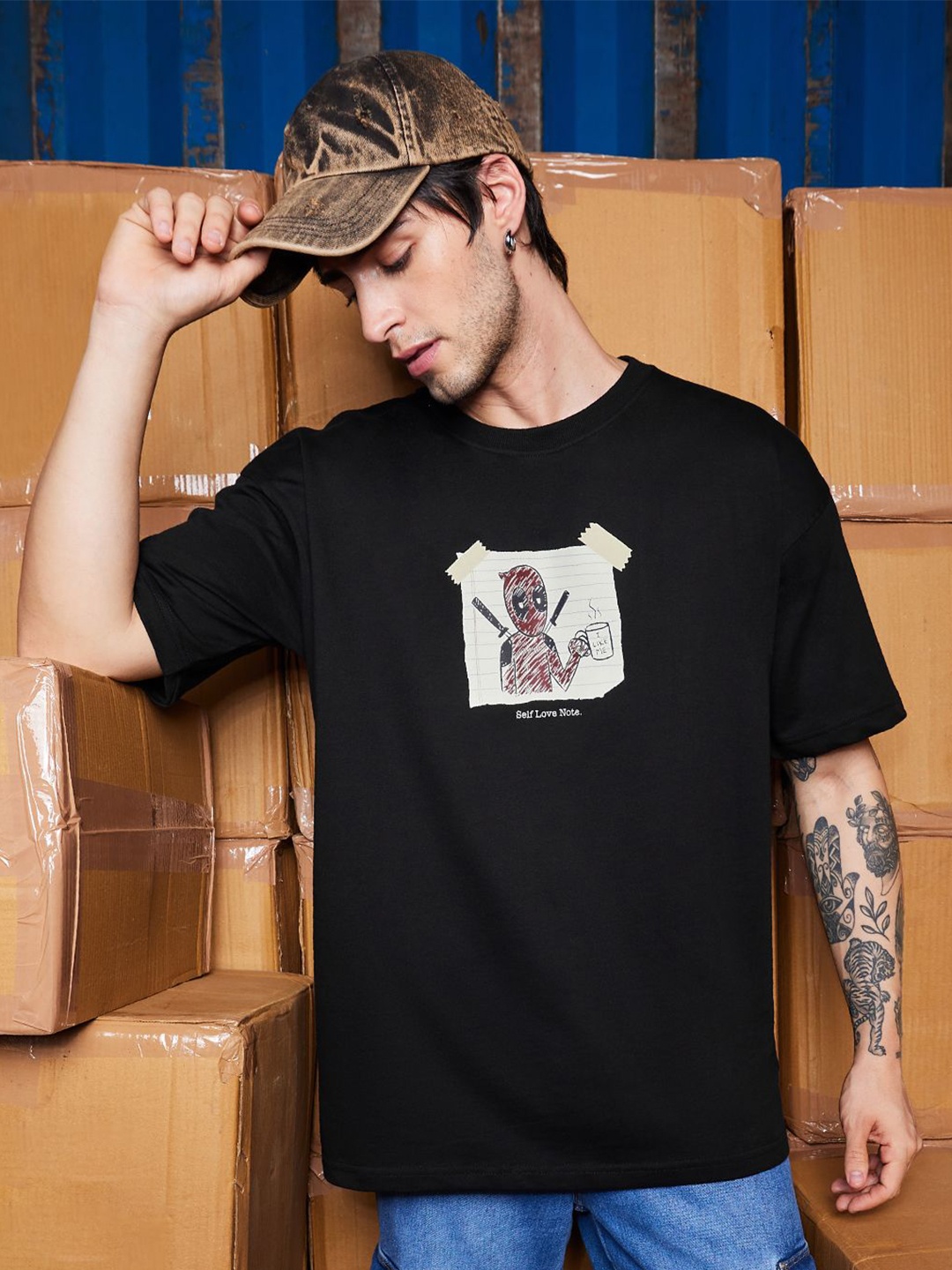 

The Souled Store Men Graphic Printed Round Neck Cotton Oversized T-shirt, Black