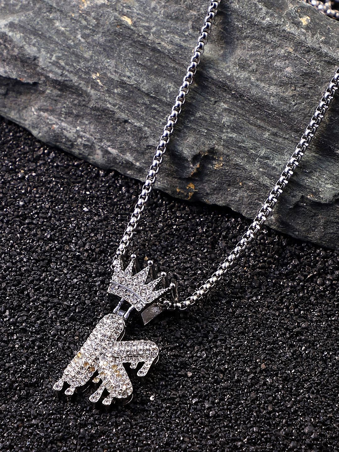 

French Accent Men Silver-Plated Stone Studded Drip Alphabet K Pendant With Chain