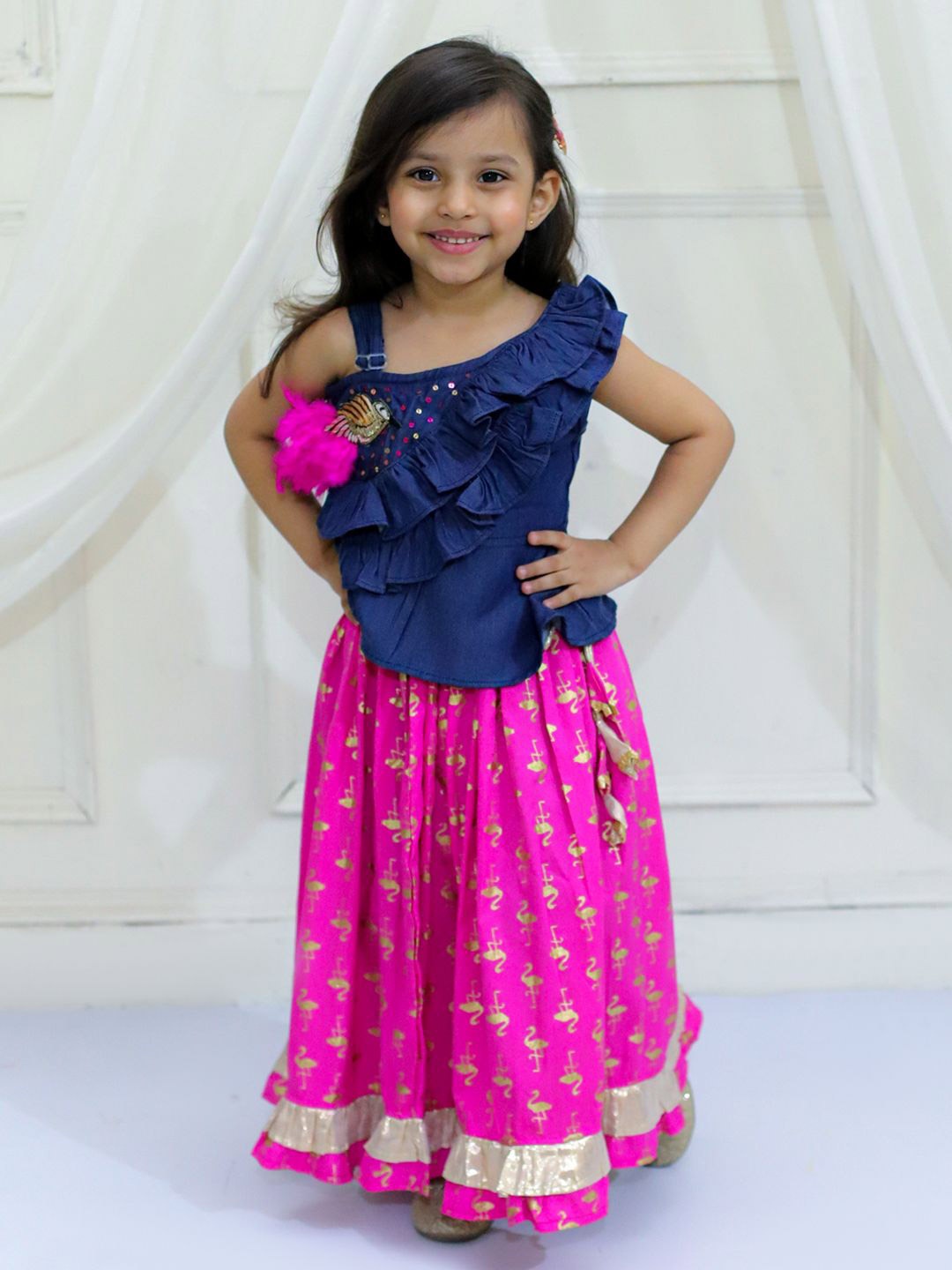 

Twisha Girls Embellished One Shoulder Top with Skirt, Navy blue