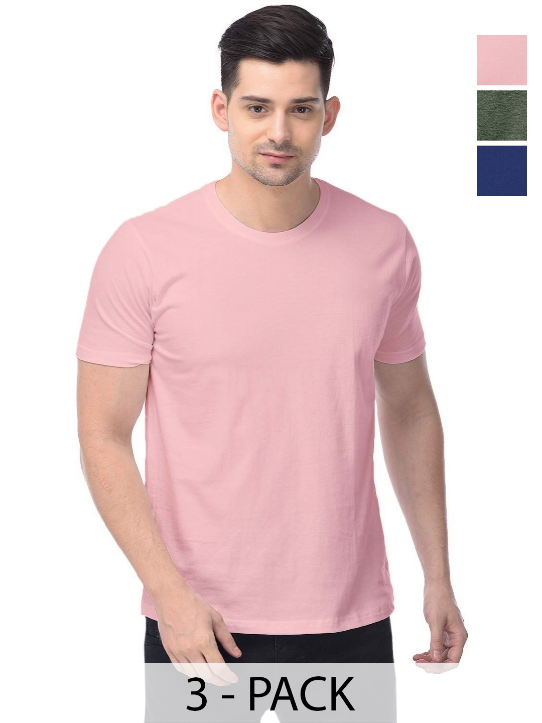 

COLOR CAPITAL Unisex Pack Of 3 Solid Round Neck Cotton T-shirts, Pink