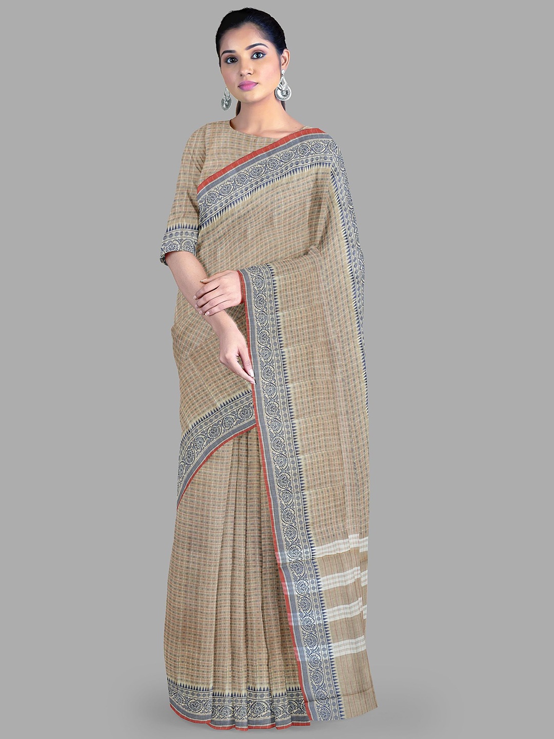 

The Chennai Silks woven design checked pure cotton chettinad saree with blouse piece, Brown