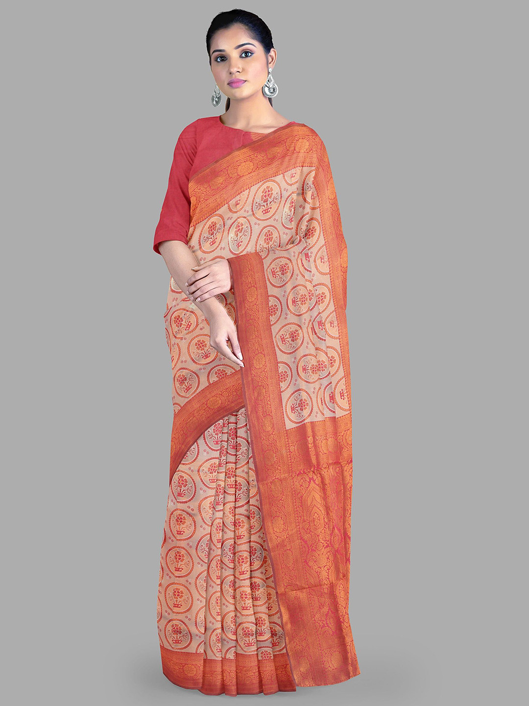 

The Chennai Silks Floral Printed Zari Bhagalpuri Saree, Beige