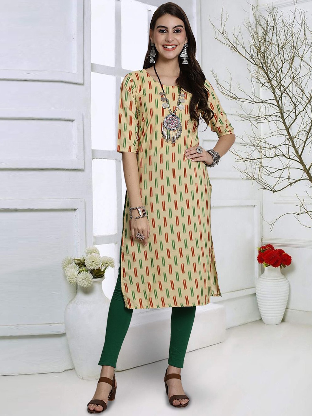 

7Threads Geometric Printed Round Neck Straight Kurta, Beige