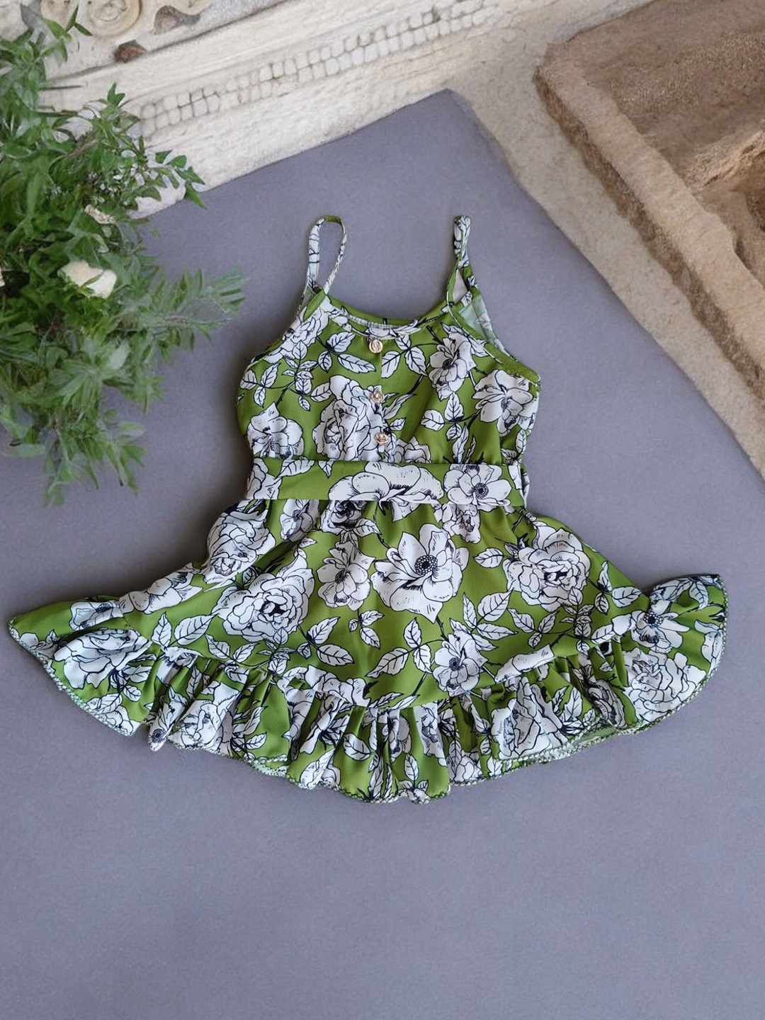 

LYTIX Girls Cotton Shoulder Strap Fit & Flare Floral Dress, Green