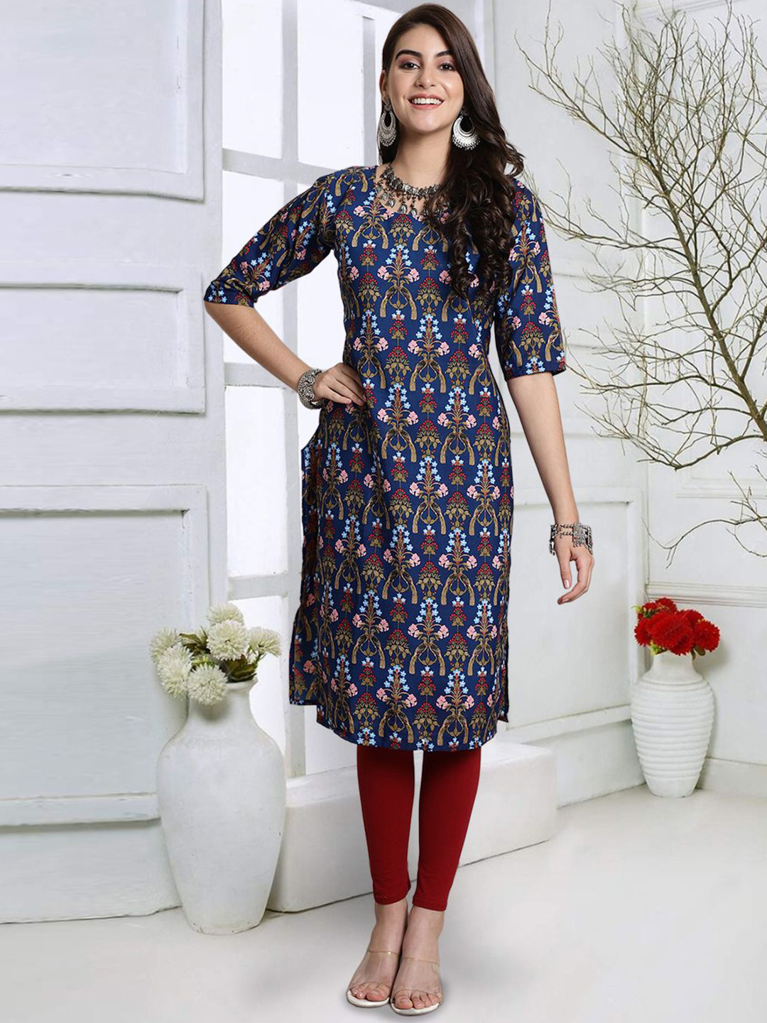 

7Threads Ethnic Motifs Printed Straight Kurta, Blue