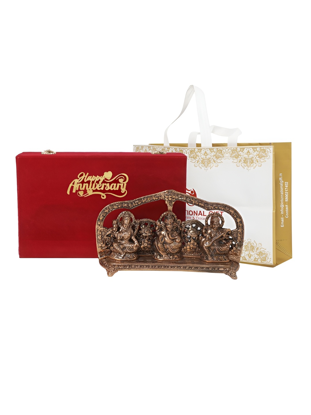 

INTERNATIONAL GIFT Brass Laxmi Ganesh Saraswati Religious Idol Showpiece With Velvet Box, Copper