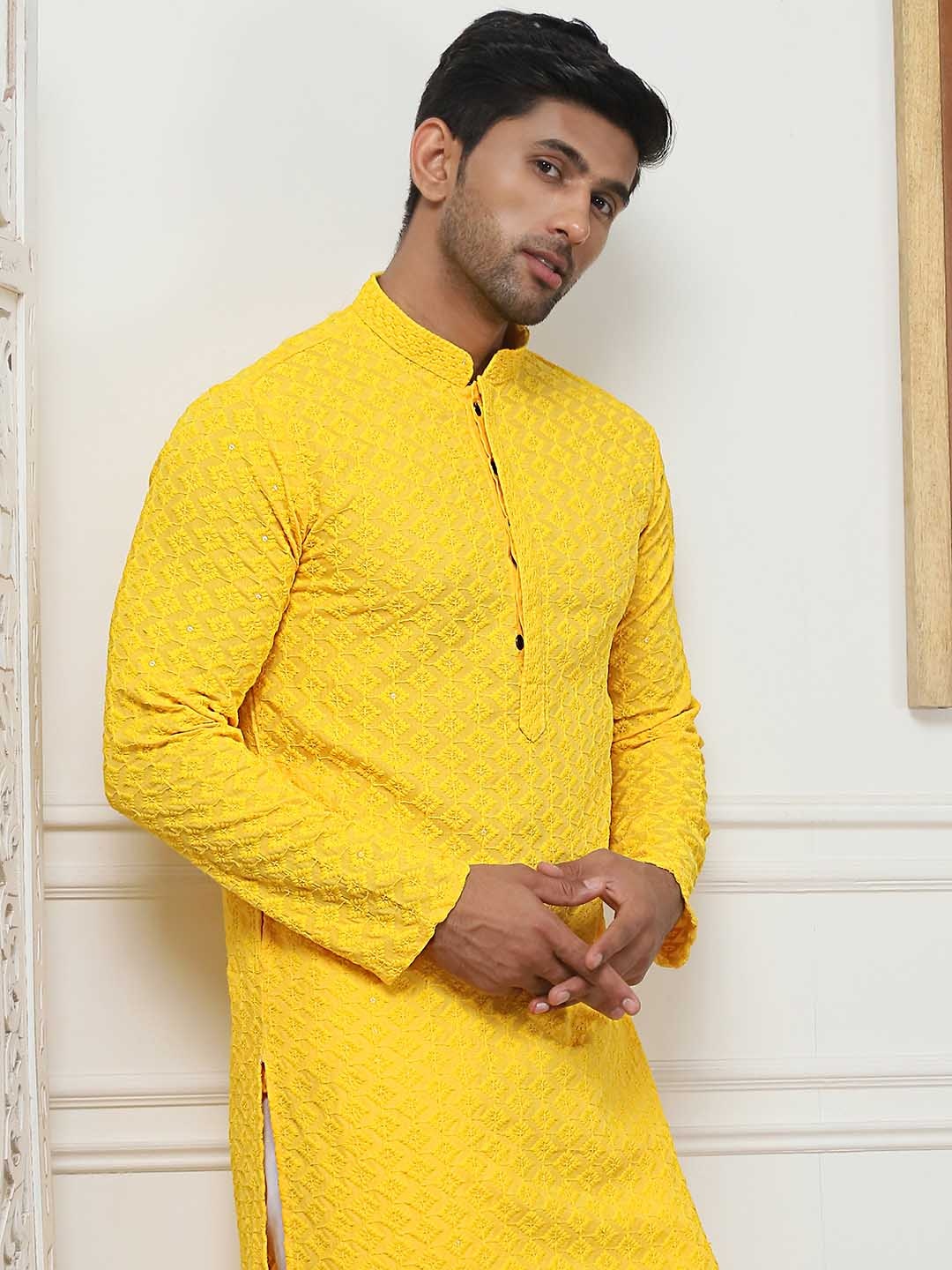 

Anouk Yellow Floral Embroidered Sequinned Mandarin Collar Regular Kurta with Pyjamas