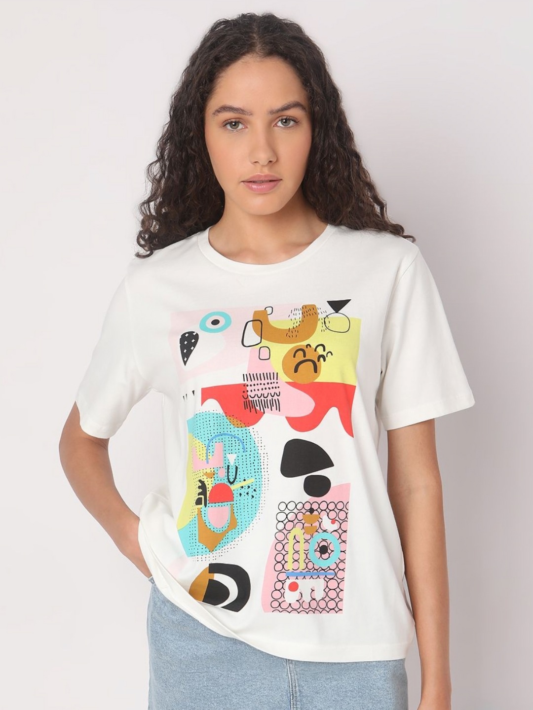 

Vero Moda Women Graphic Printed Round Neck Cotton T-shirt, White