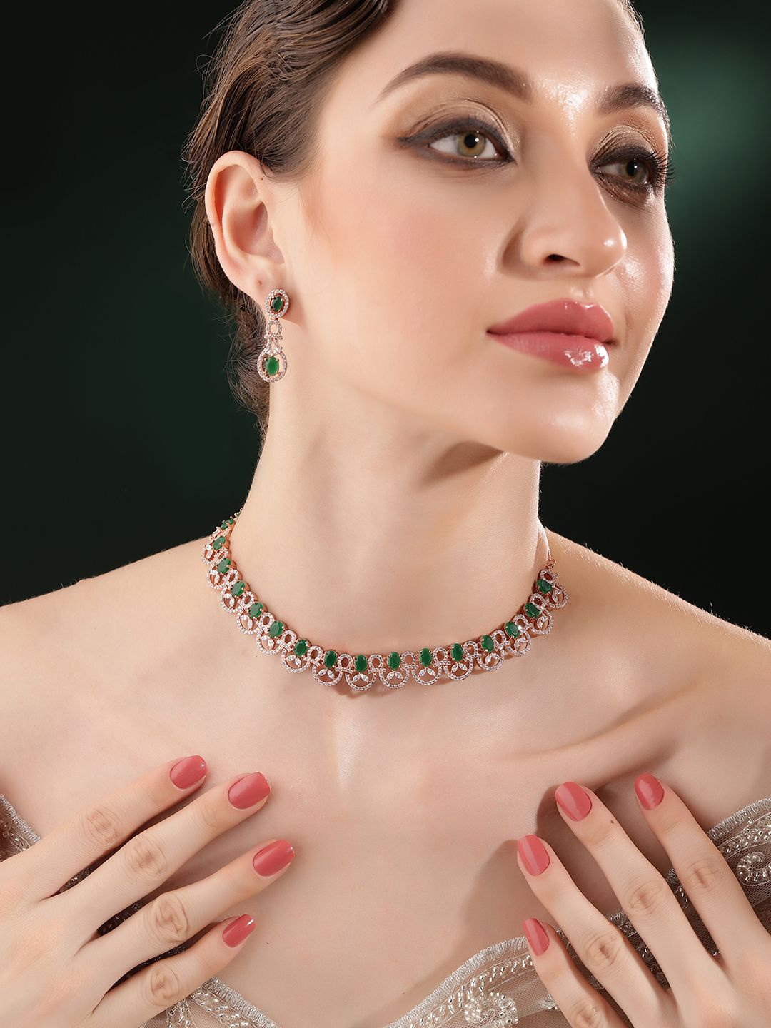 

Priyaasi Rose Gold-Plated American Diamond Stone Studded Jewellery Set