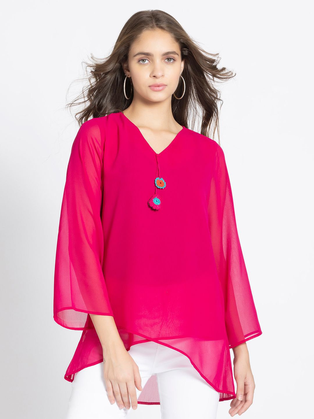 

SHAYE Floral V-Neck Panelled Kurti, Pink