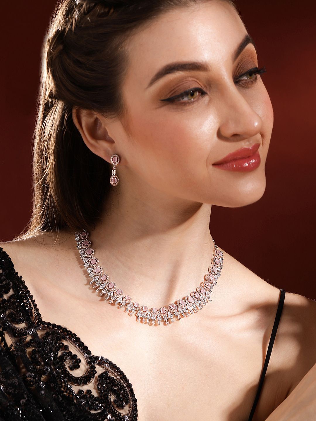 

Priyaasi Rose Gold-Plated American Diamond Studded Jewellery Set