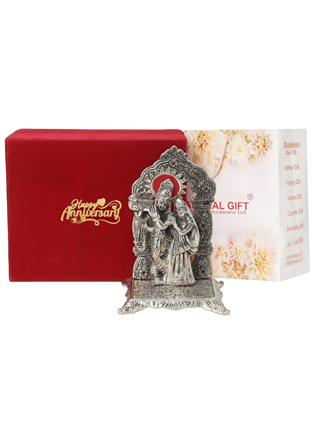 

INTERNATIONAL GIFT Silver-Toned Radha Krishna Chowki with Anniversary Tag & Velvet Box