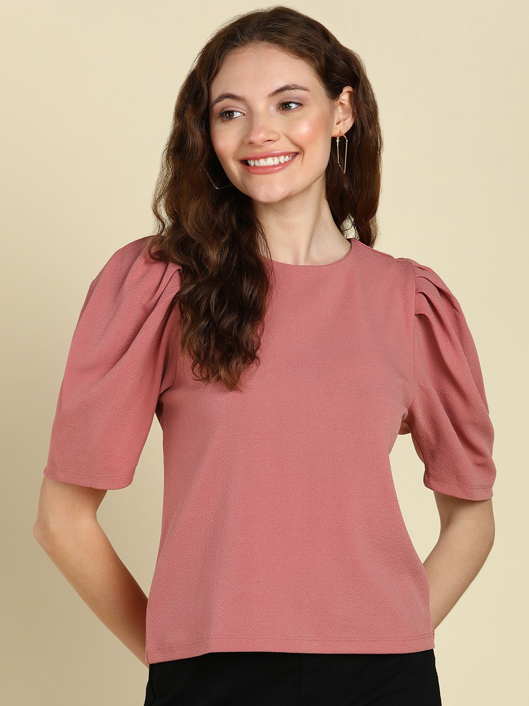 

SAFFE Women Solid Round Neck Top, Peach