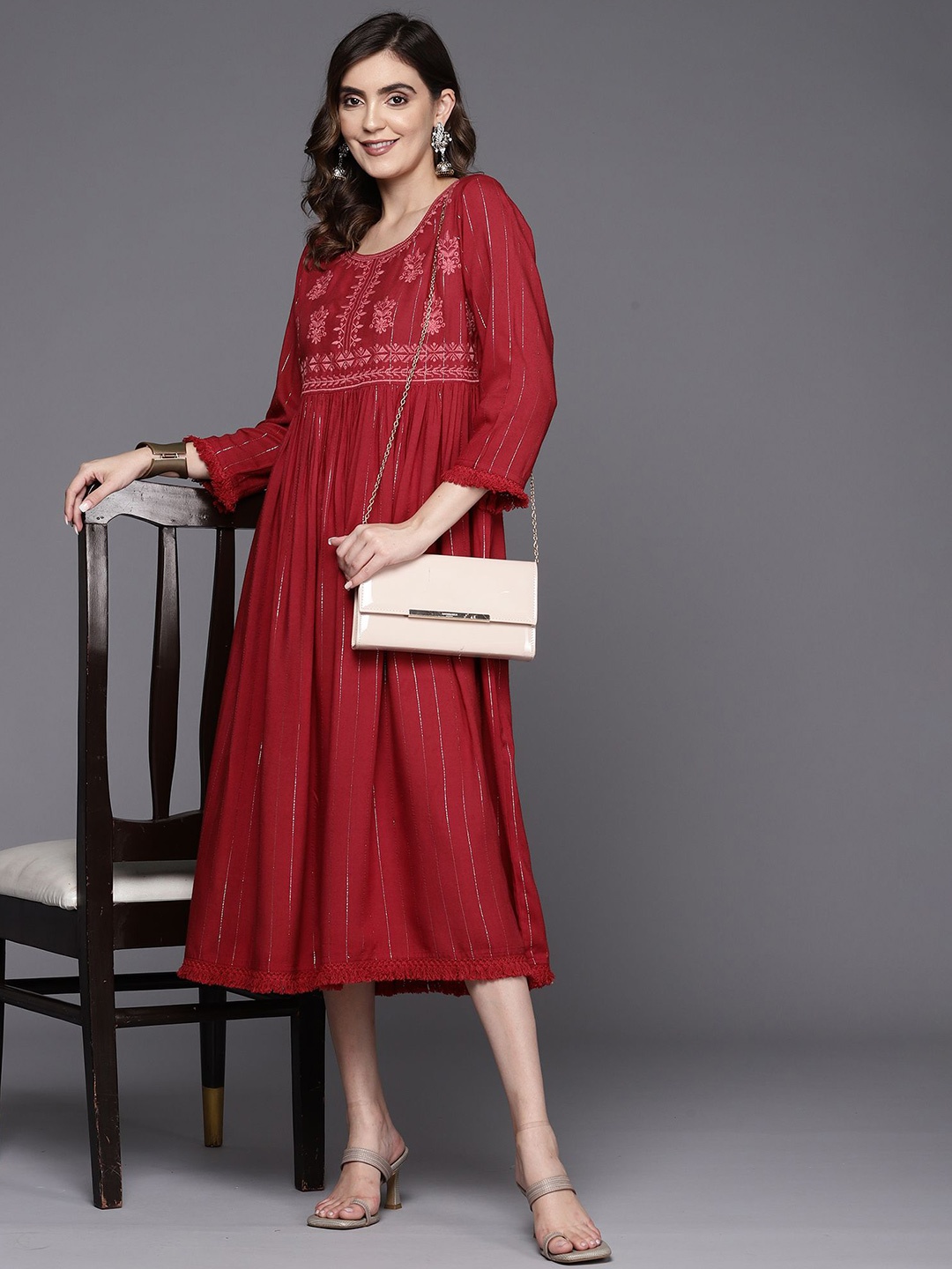

Indo Era Embroidered A-Line Midi Dress, Maroon