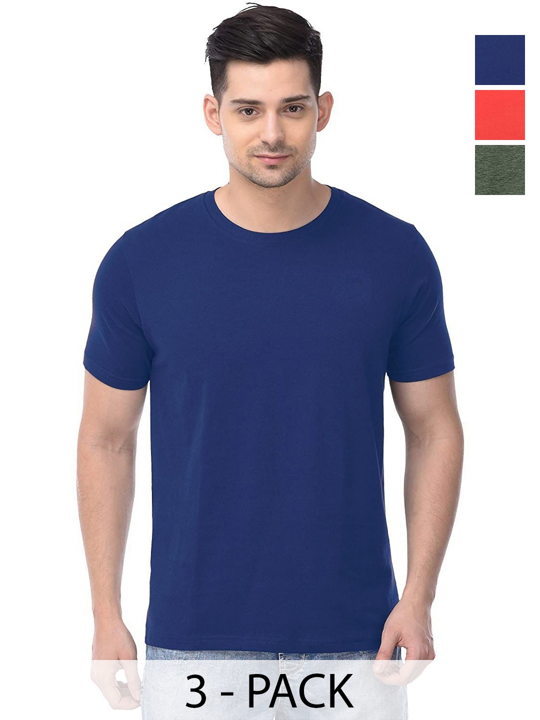 

COLOR CAPITAL Unisex Pack Of 3 Solid Round Neck Cotton T-shirts, Green