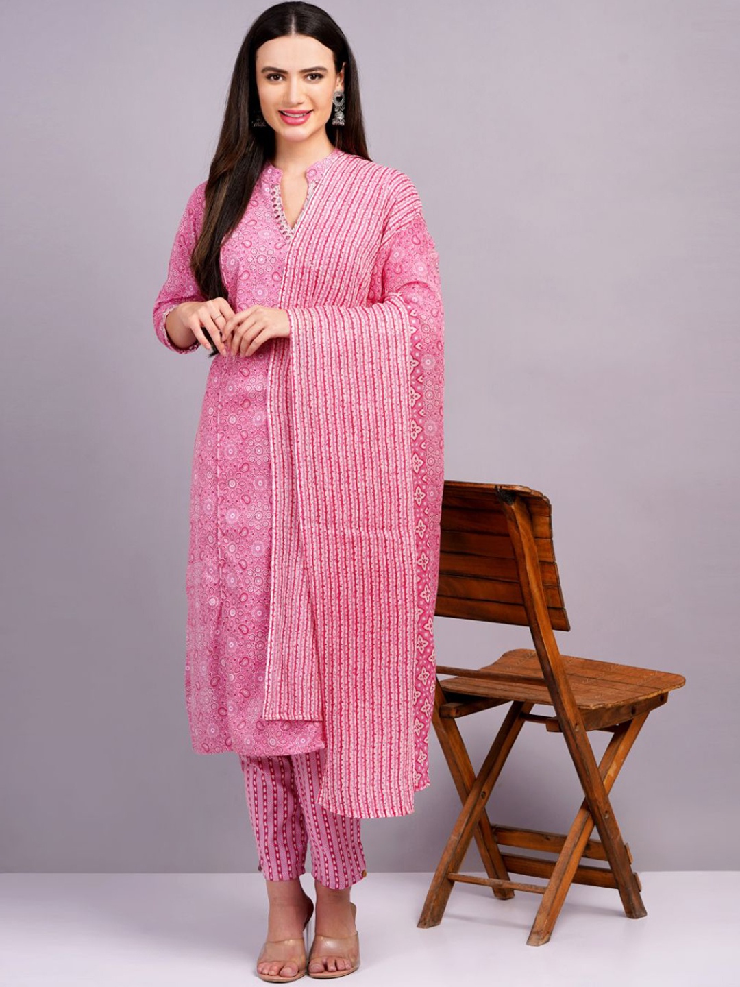 

JC4U Women Floral Printed Angrakha Mirror Work Pure Cotton Kurta with Trousers & With Dupatta, Pink