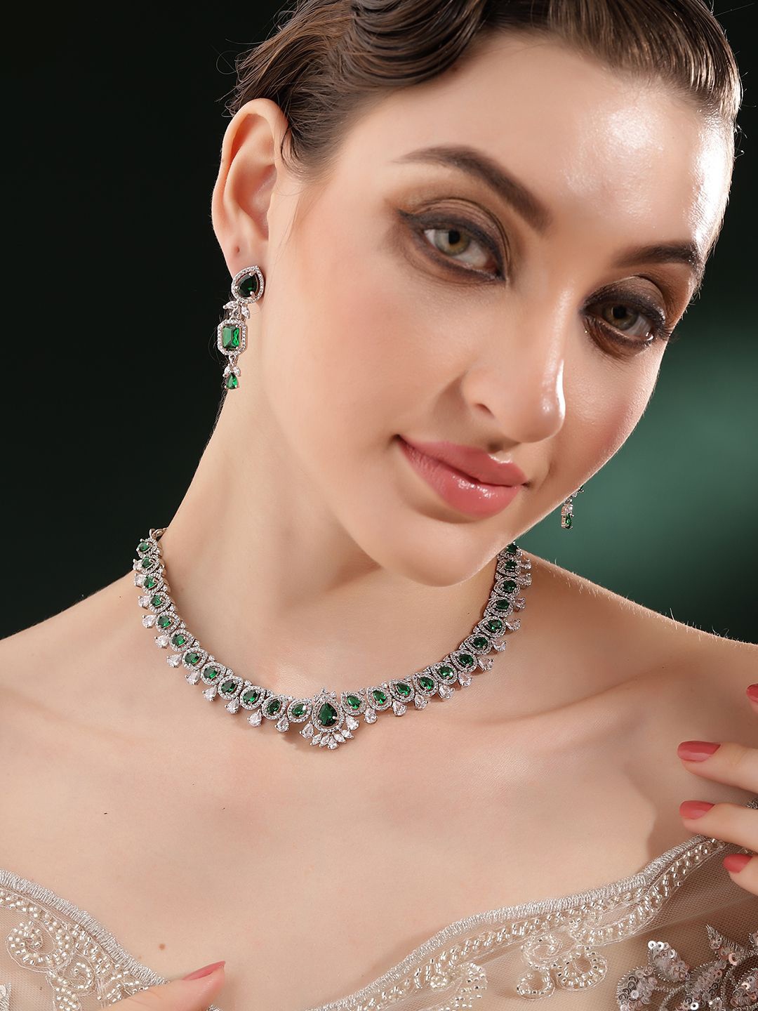 

Priyaasi Emerald Elegance Silver-Plated American Diamond Stone-Studded Jewellery Set