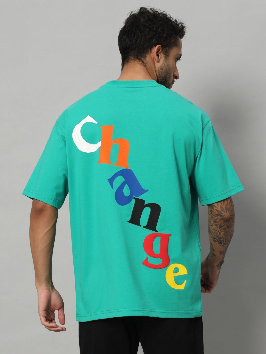 

SWAGNOX Men Typography Printed Round Neck Cotton Oversized T-shirt, Green