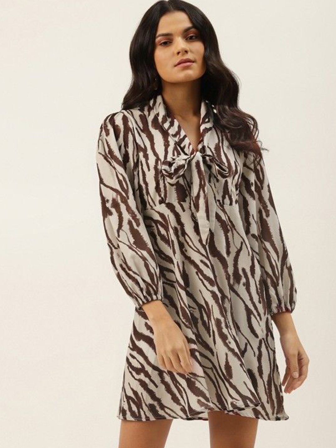 

MELOSO Animal Print Bishop Sleeve A-Line Dress, Cream