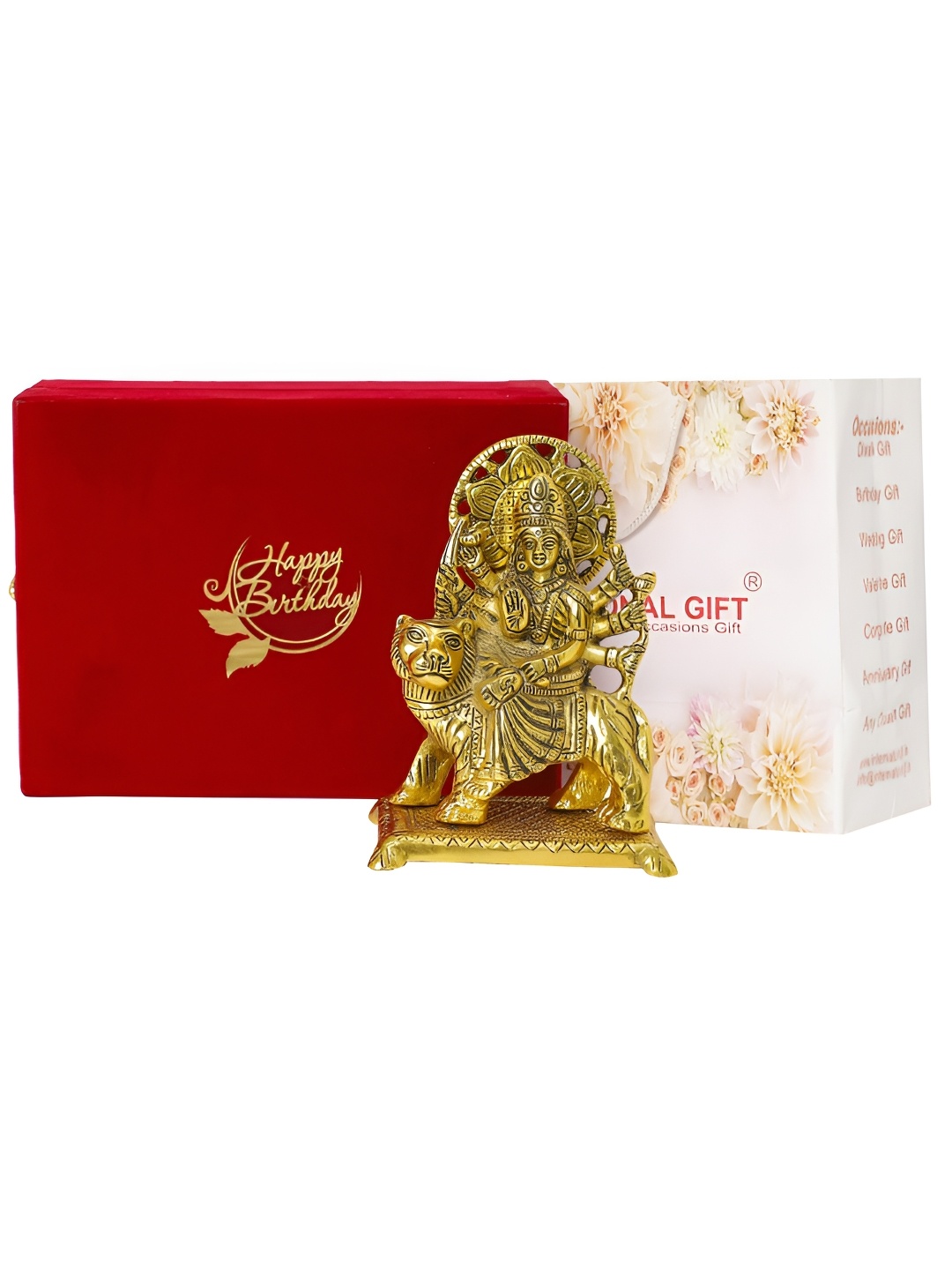 

INTERNATIONAL GIFT Gold-Finish Durga Mata idol in box with bag and Happy Birthday tag