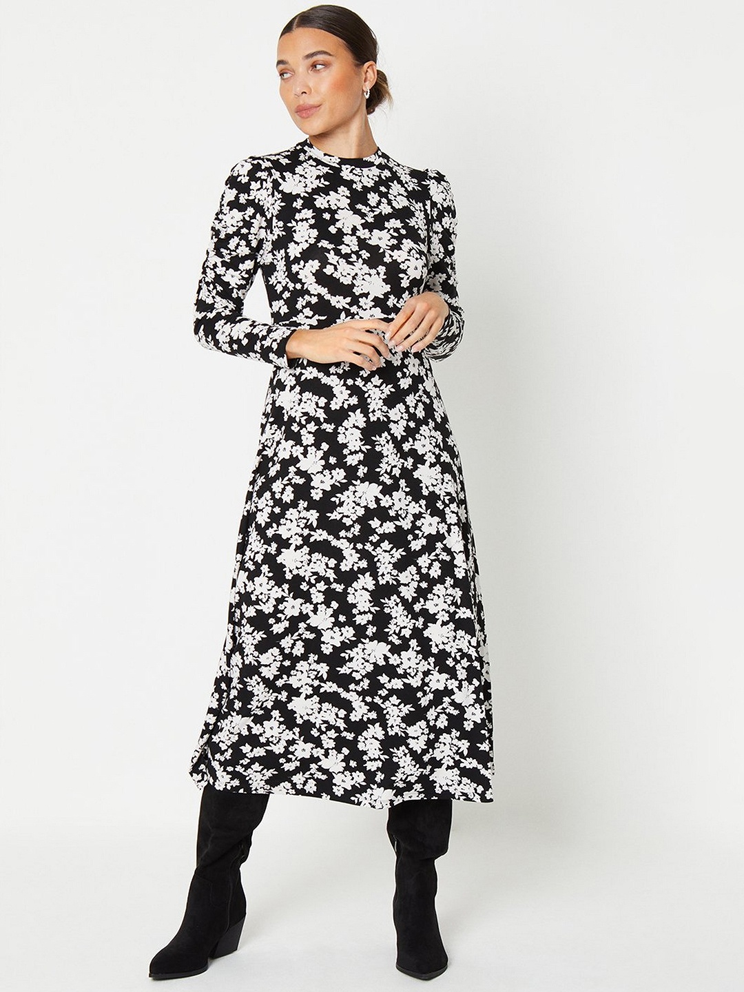 

DOROTHY PERKINS Floral Printed Monochrome Midi Dress, Black